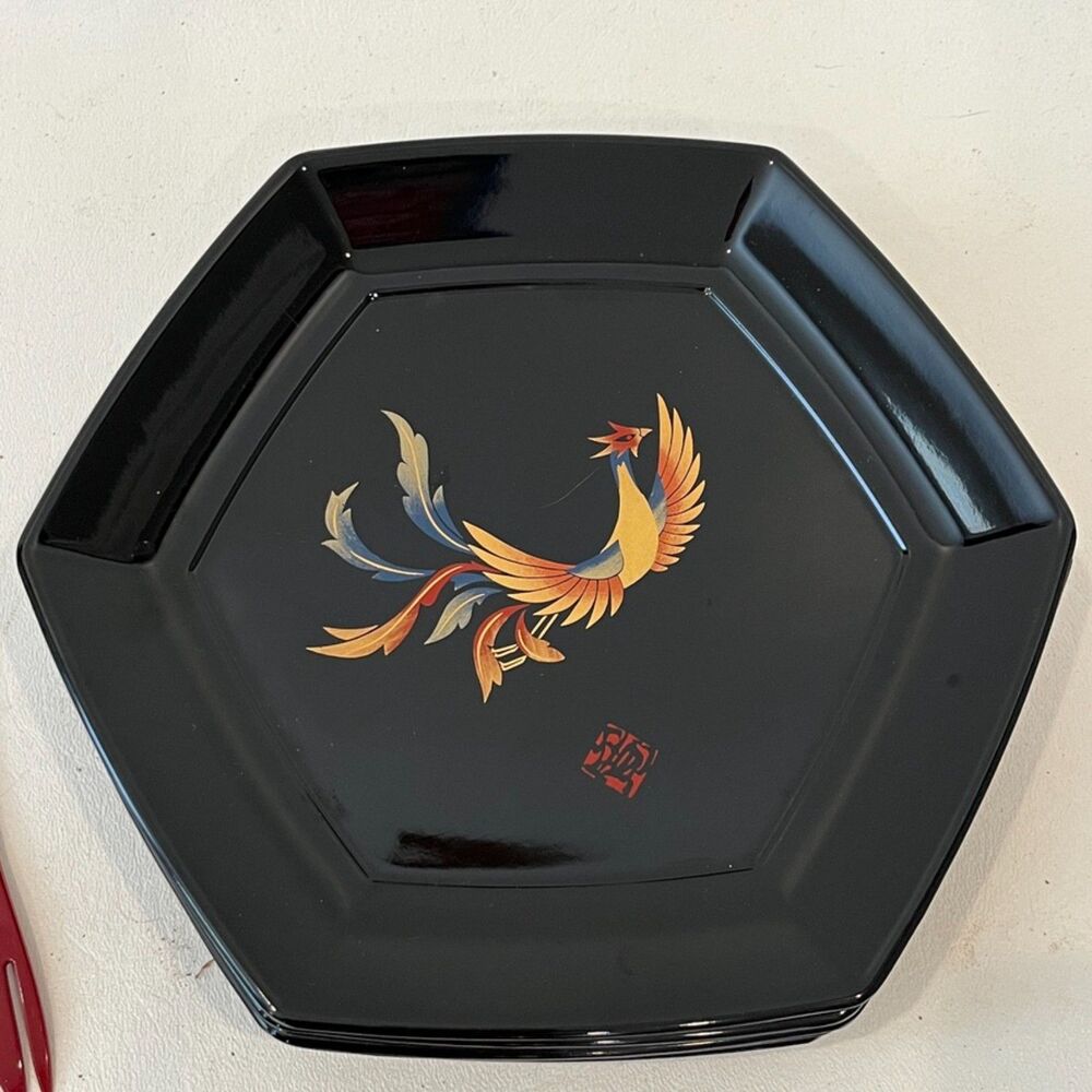 Japanese Laquerware Mid Century Set of 5 Plates 4 Forks Black Phoenix Kansai